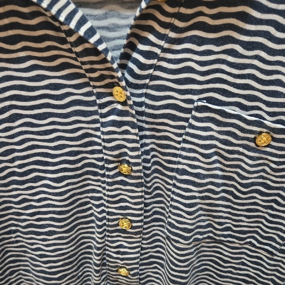 Tory Burch Navy and White Wavy Striped Long Sleeve Top